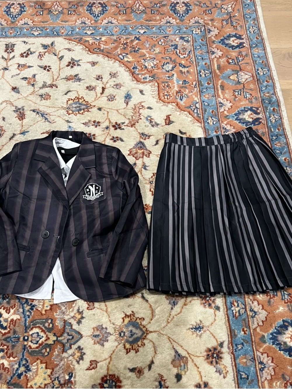Wednesday Adams Striped Black Blazer and Matching Pleated Skirt Set - Black